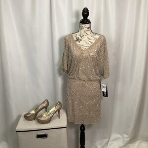 1891. Xscape Gold Sequin Mini Dress Size 12 NWT